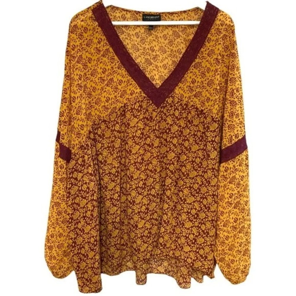 Lane Bryant Boho Floral Print Sheer Blouse with Crochet Trim, Size 26/28
